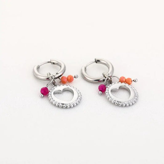 Oorbellen hartje met kralen zilver