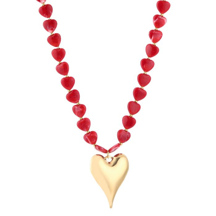 Kralen ketting met hart rood