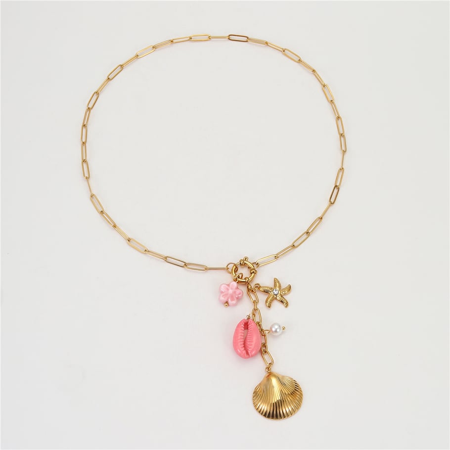 Bedelketting schelp roze lang goud
