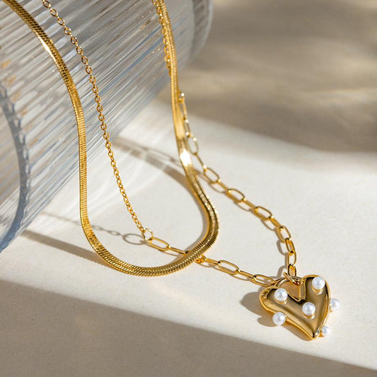 Parel hart ketting dubbel goud