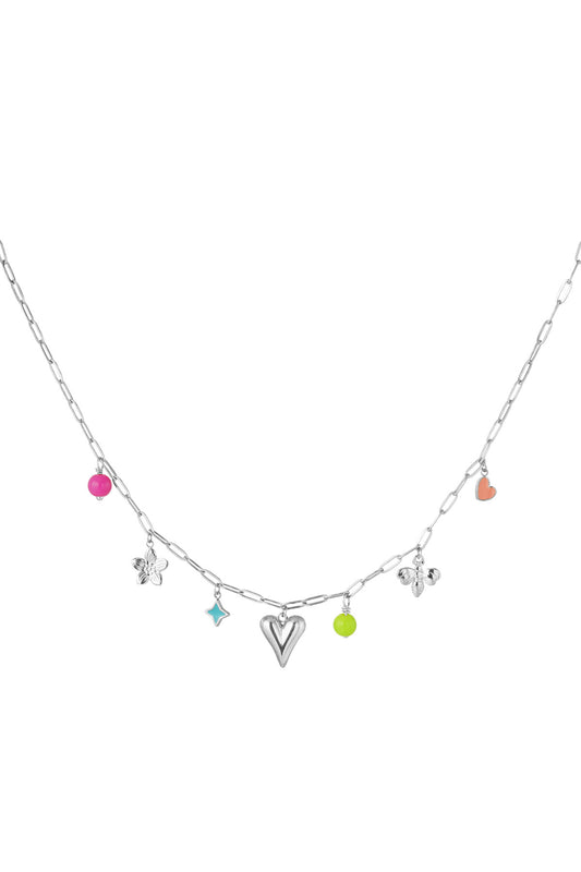 Bedelketting gekleurd met hart zilver