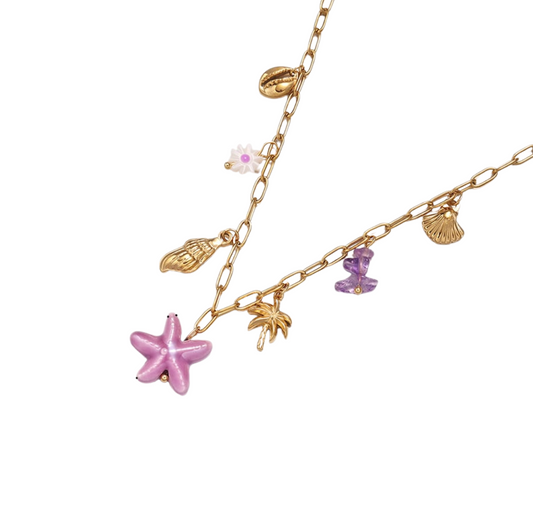 Bedelketting paarse zeester goud