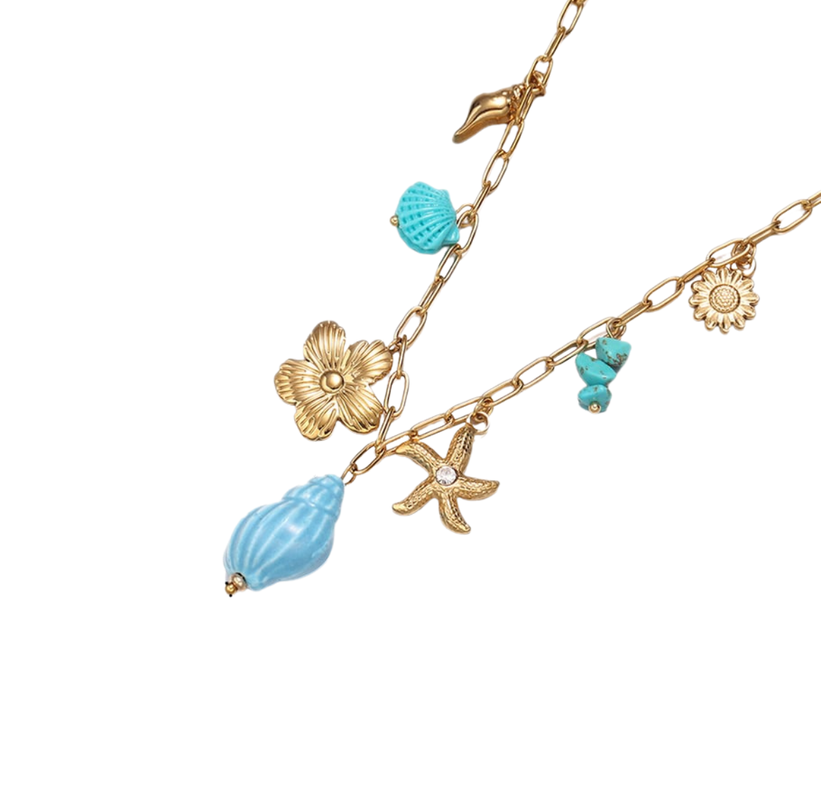 Bedelketting blauwe schelp goud
