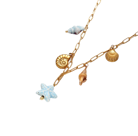 Bedelketting lichtblauwe zeester goud