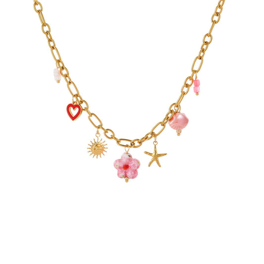 Bedelketting roze bloem goud