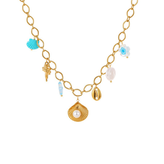 Bedelketting schelp met parel goud