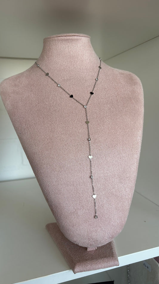 Y ketting steentjes en hartjes zilver