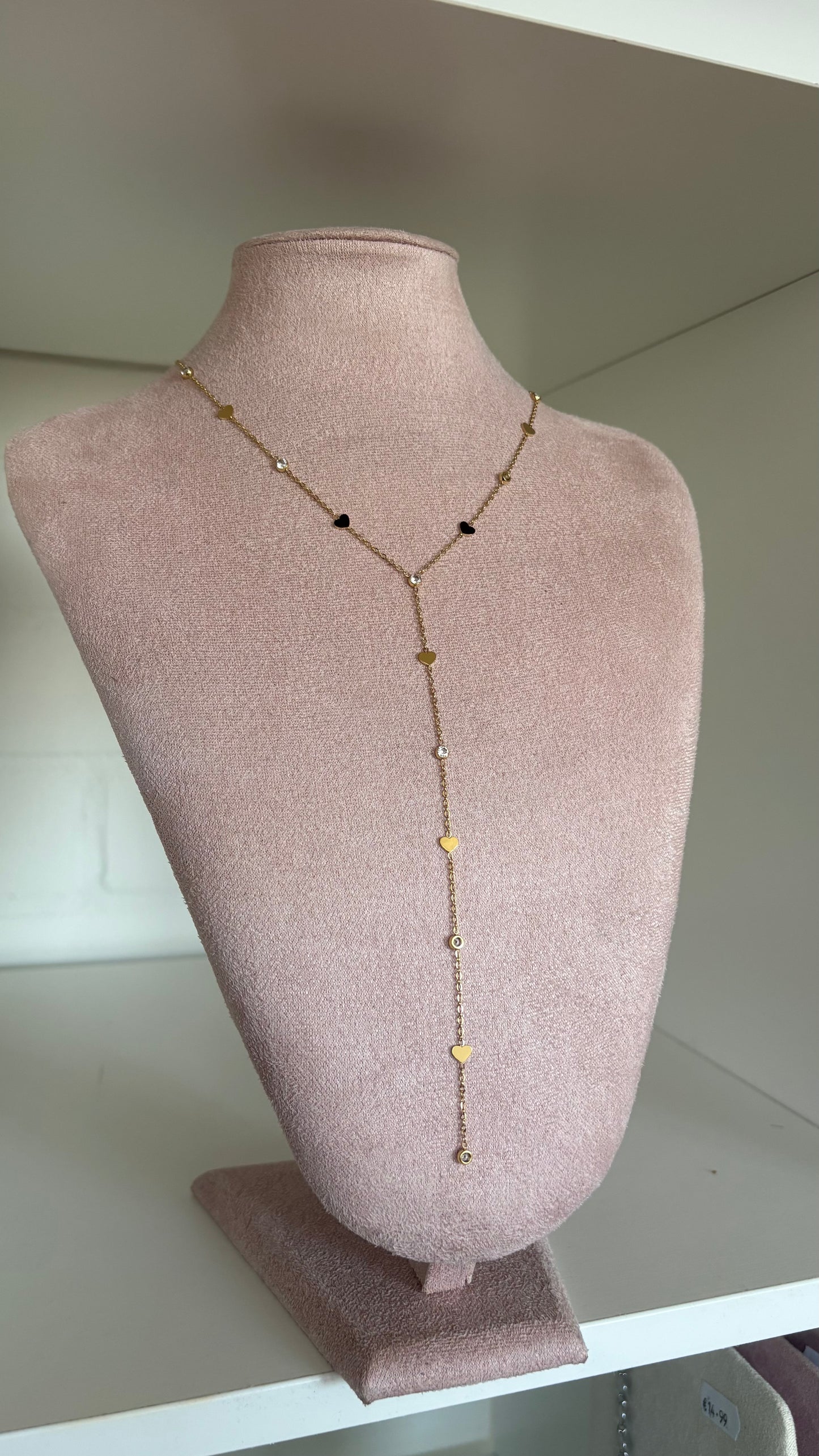 Y ketting steentjes en hartjes goud