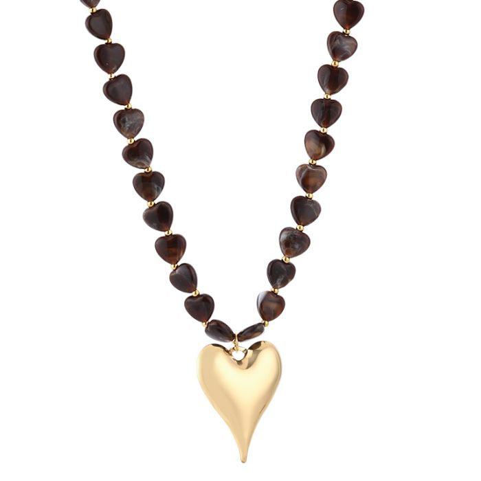 Kralen ketting met hartjes bruin
