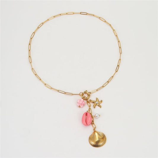 Bedelketting schelp roze lang goud