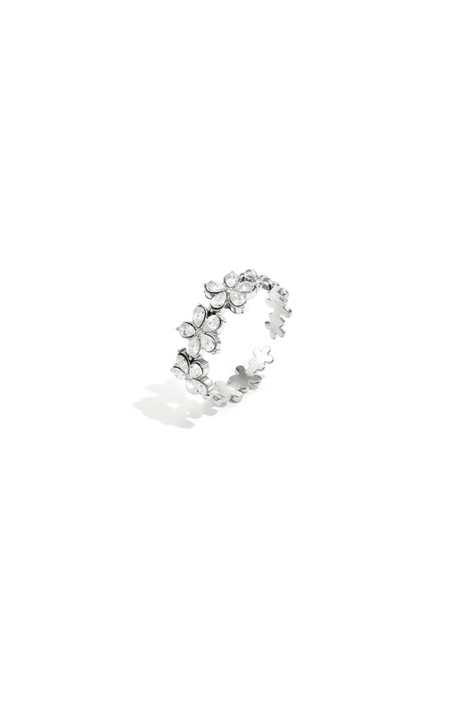Ring bloemen met steentjes zilver